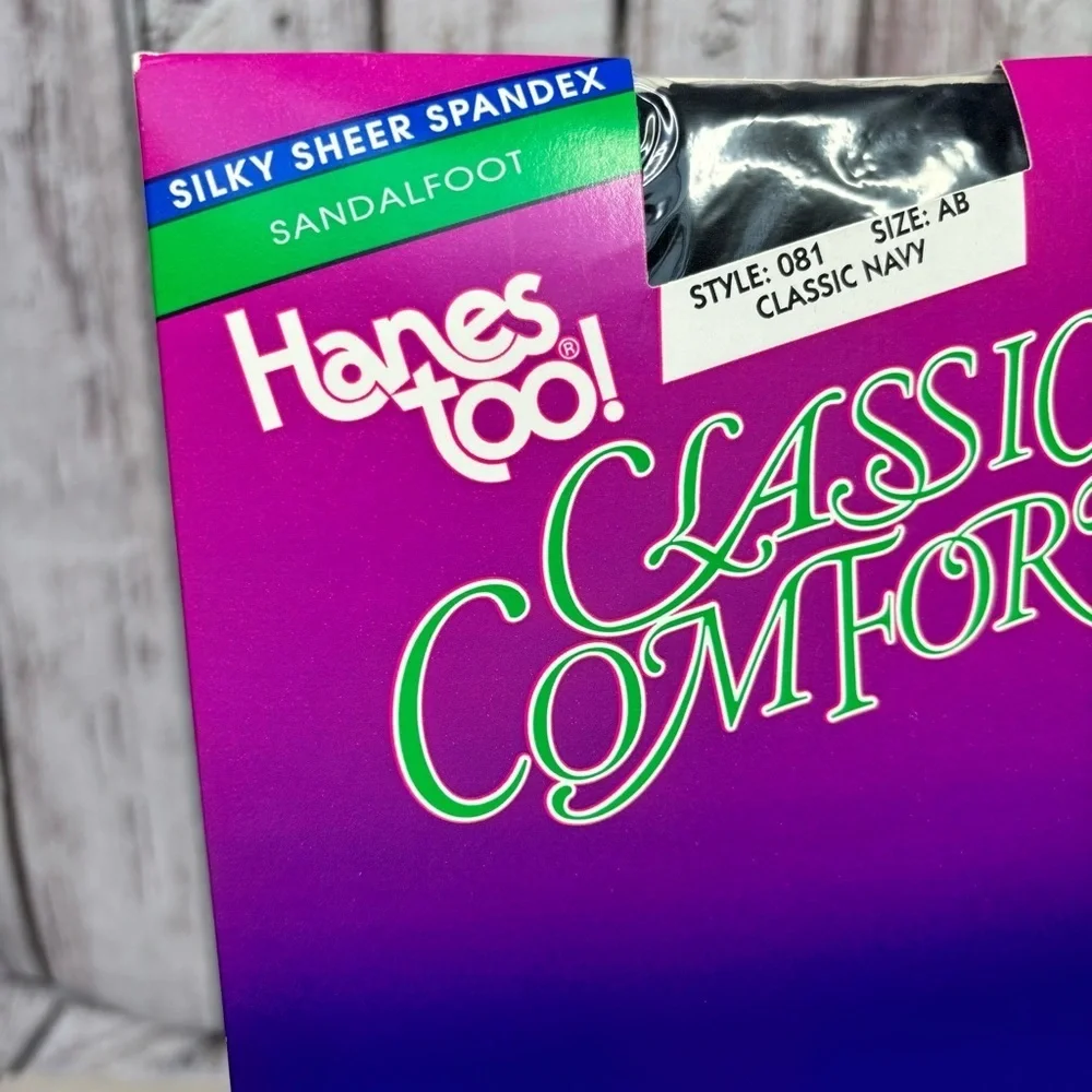 VINTAGE 1990s Hanes Too Classic Comfort Pantyhose Navy Blue Size‎ AB Sandal foot